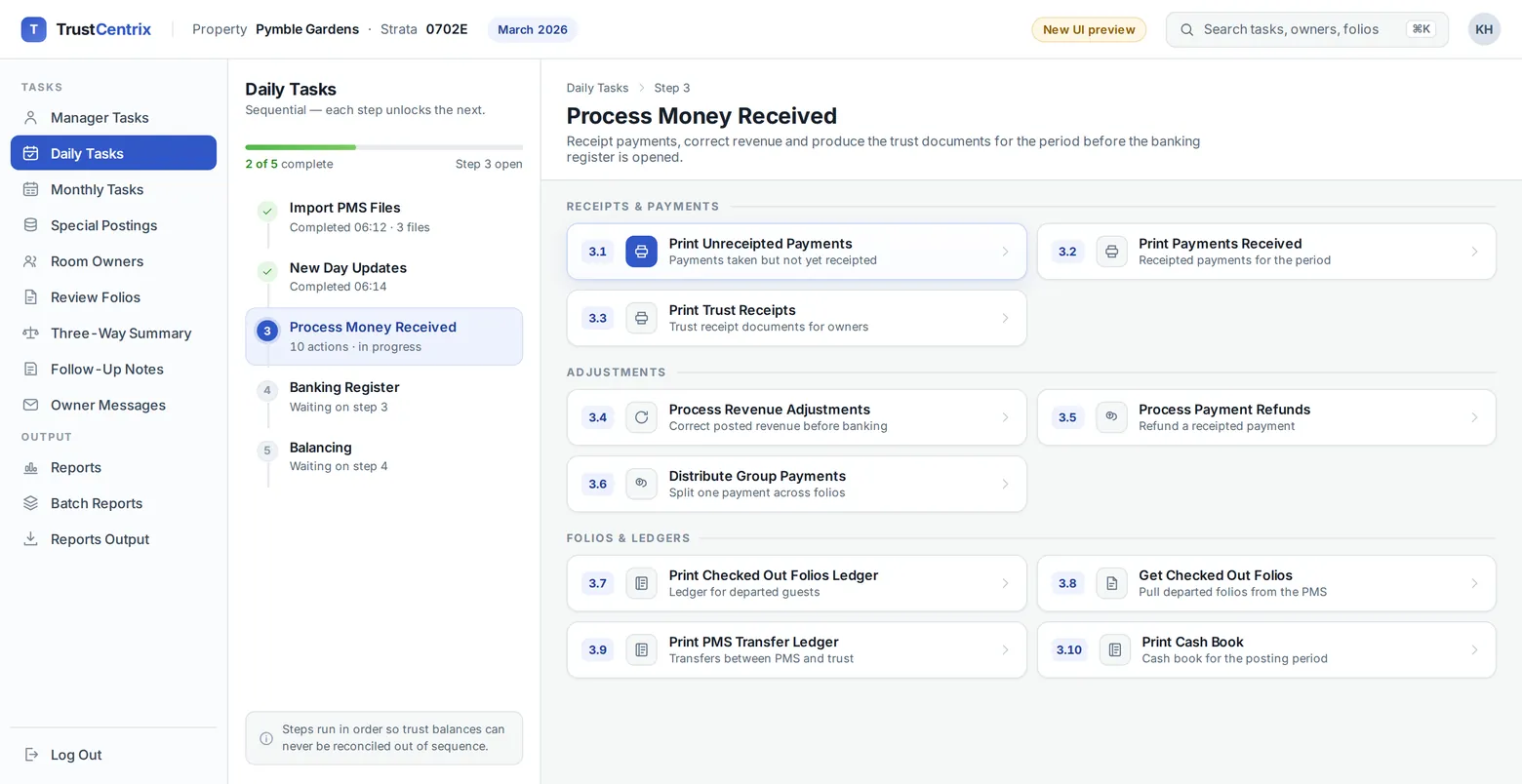 Concept design of the new TrustCentrix Daily Tasks screen: a task rail on the left, the five daily steps with completion status in the middle, and the ten Process Money Received actions grouped as cards on the right.