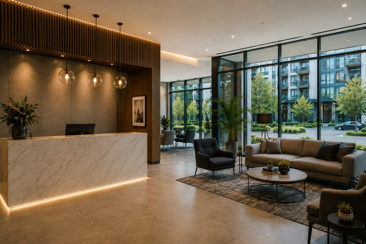 Modern hotel reception desk and lobby