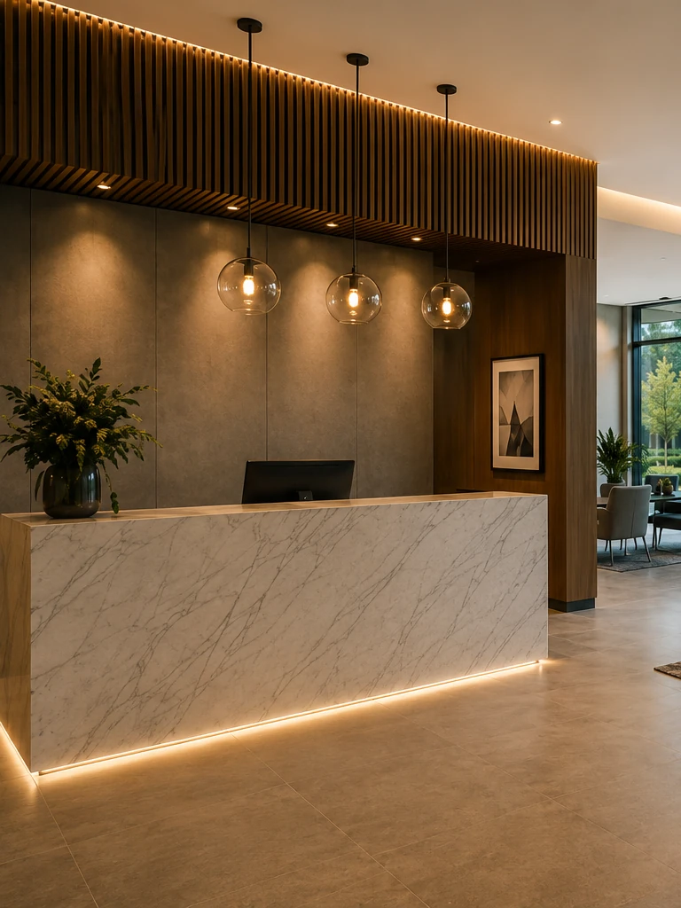 Modern hotel reception desk and lobby