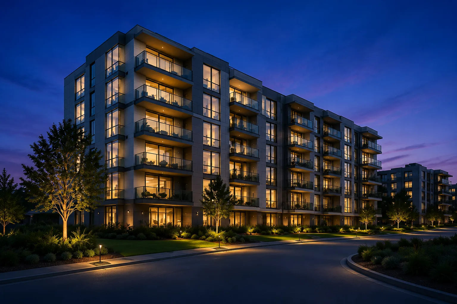 Serviced-apartment building lit up at dusk