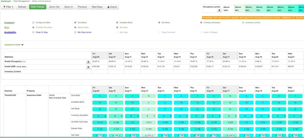 The GuestCentrix room diary showing a colour-coded booking chart across room rows and dates.