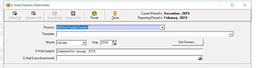 The TrustCentrix dialog for e-mailing owner statements in bulk.
