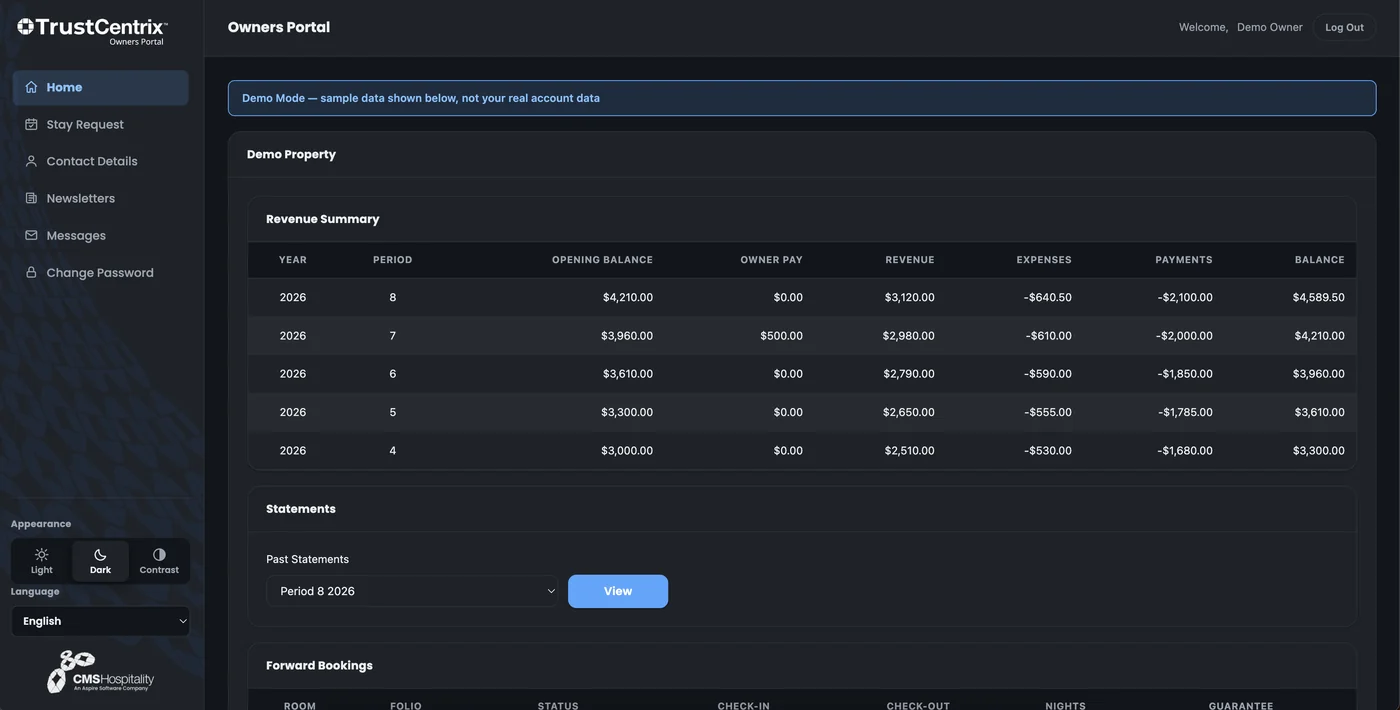 The TrustCentrix Owner Trust Portal dashboard in dark appearance, shown in demo mode: the owner navigation rail, a revenue summary table by period, a past-statements selector and the start of the forward bookings table.