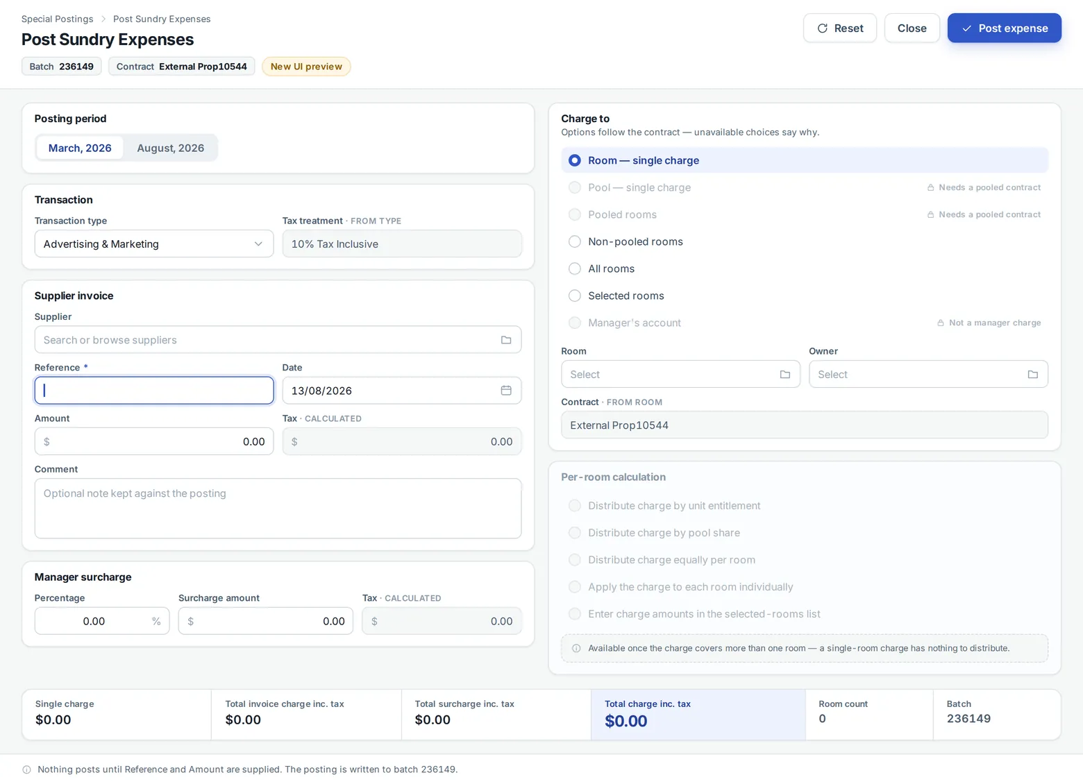 Concept design of the new TrustCentrix Post Sundry Expenses screen, showing posting period, transaction, supplier invoice and manager surcharge on the left, charge-to and per-room calculation rules on the right, and a totals bar across the foot.