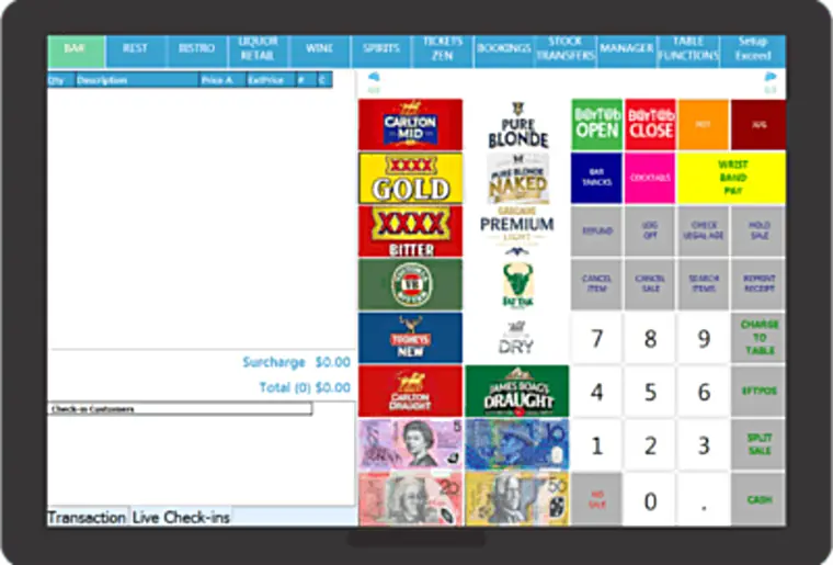 A GuestCentrix point-of-sale terminal screen showing outlet tabs, product keys and a running transaction.