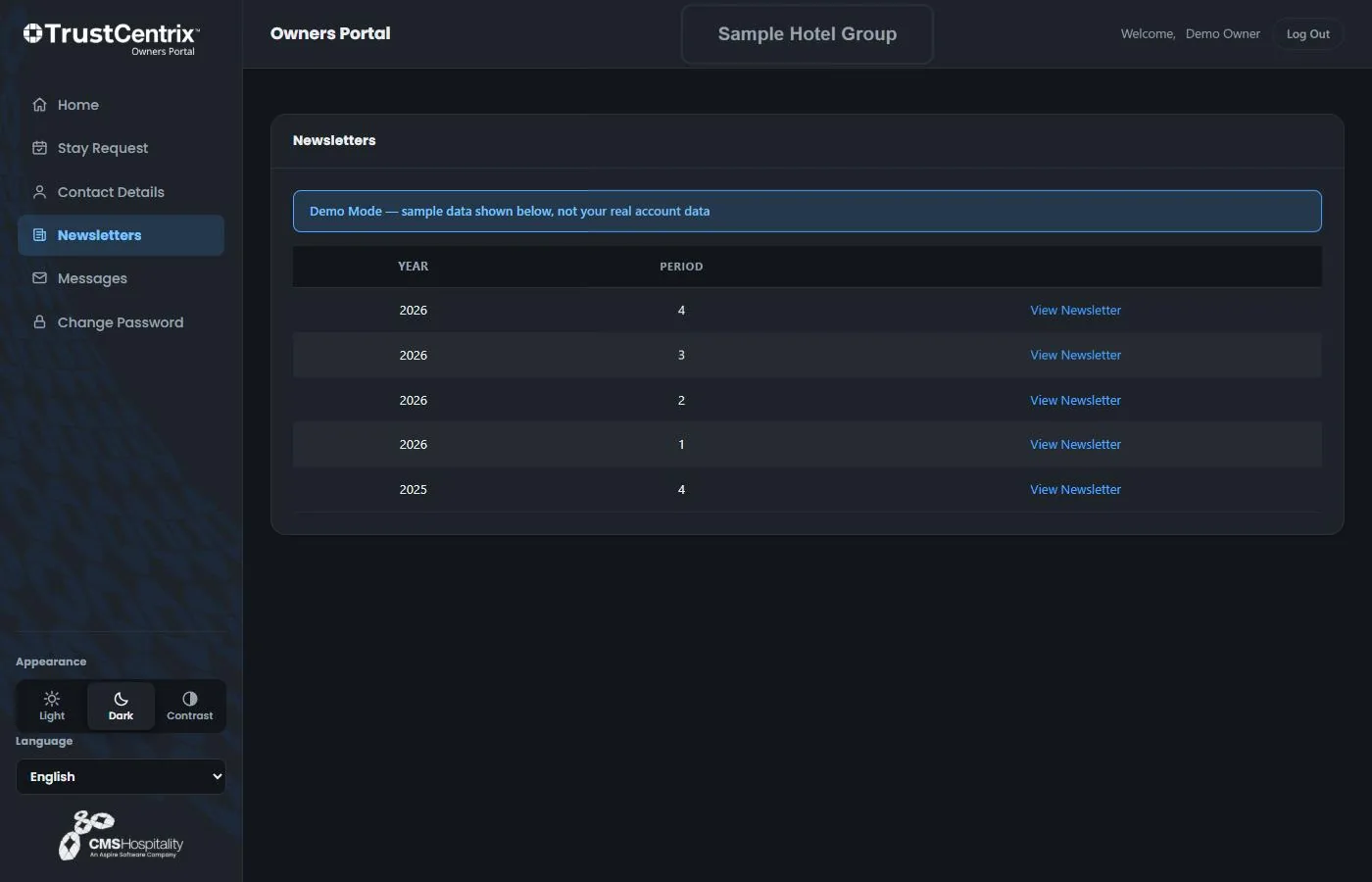 The Owner Trust Portal newsletters screen in dark appearance, listing owner newsletters by year and period, shown in demo mode.