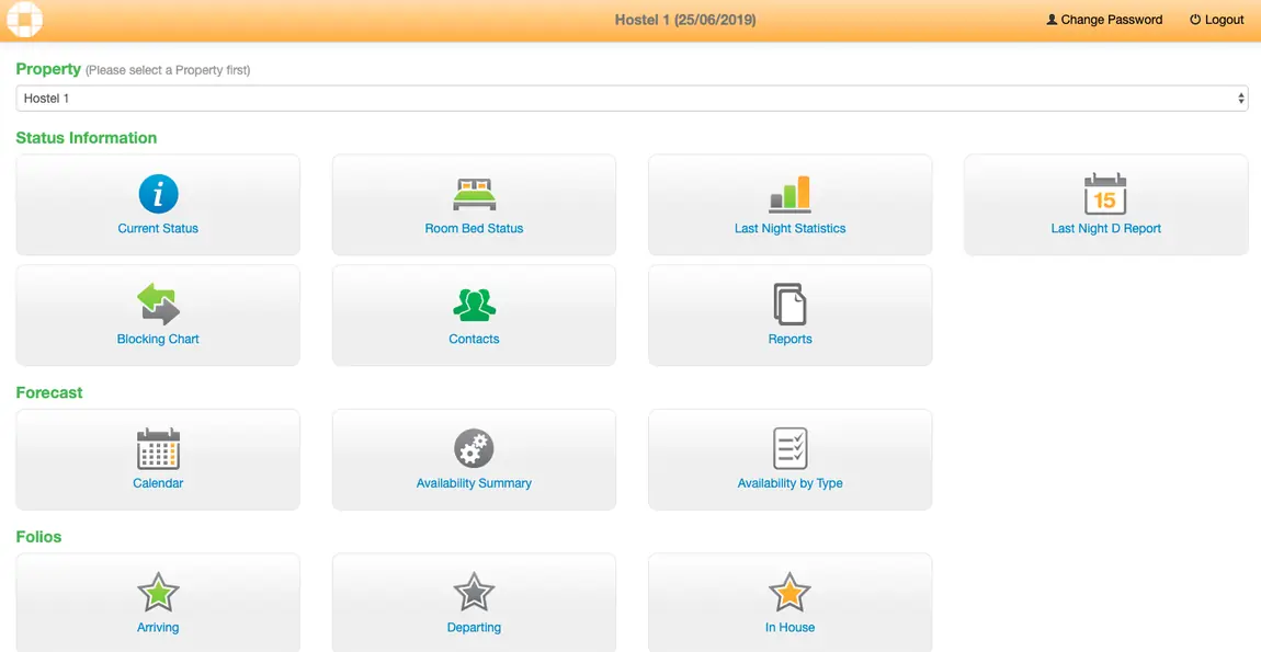 The GuestCentrix property dashboard with status information, forecast and folio tiles.