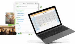 computer and screenshots of CMS hotel management software